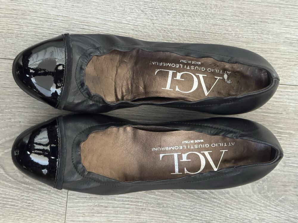 Attilio Giusti Leombruni AGL Black Leather Patent Leather Toe Pump Heels 7.5